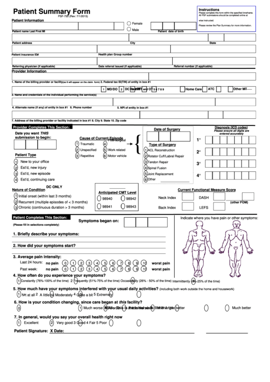 Form Psf-750 - Patient Summary Form - Optum Physical Health Printable pdf