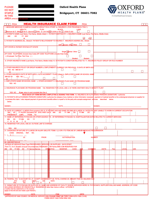Form Rrb-1500 - Oxford Health Insurance Claim Form Printable pdf