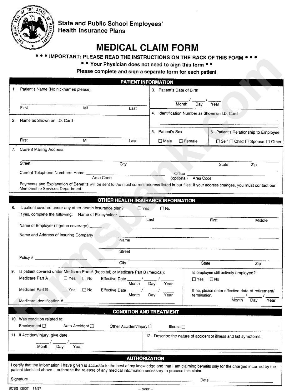 Form Bcbs 13007 - State And Public School Employees Medical Claim Form