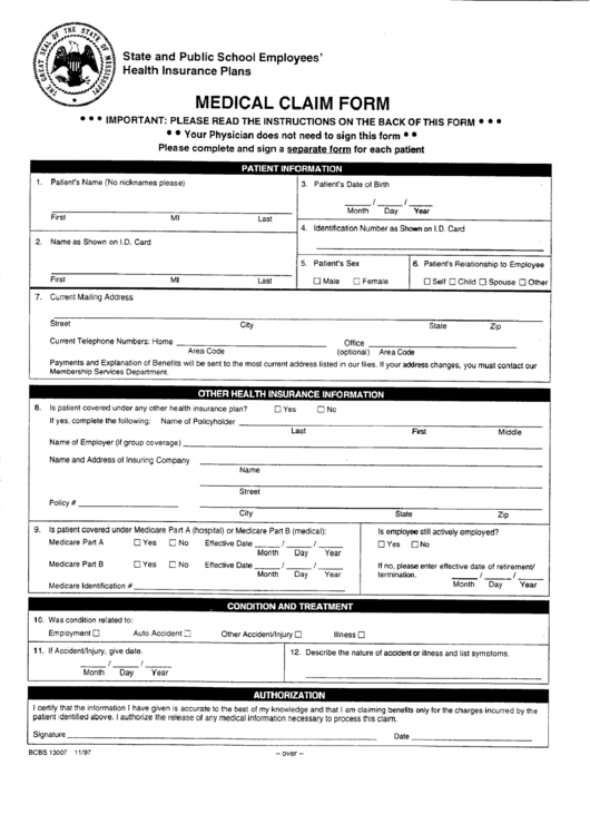 Form Bcbs 13007 - State And Public School Employees Medical Claim Form Printable pdf