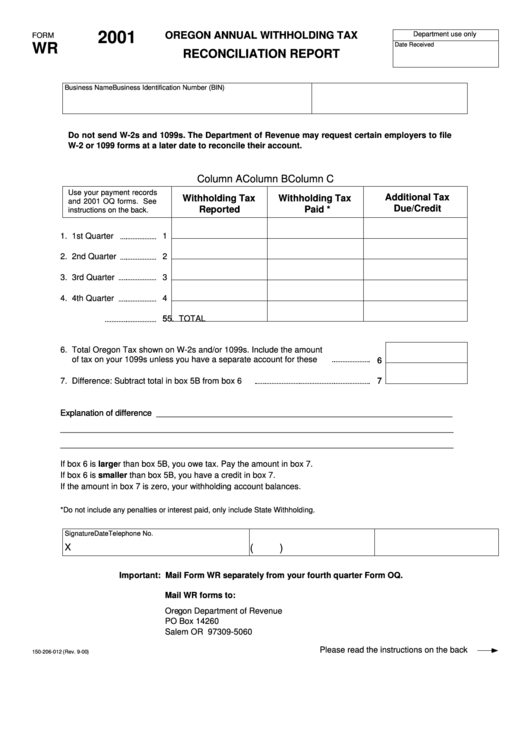 Form Wr, Oregon Annual Withholding Tax Reconciliation Report Printable pdf