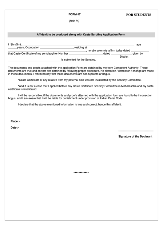 Caste Scrutiny Application Form Printable pdf