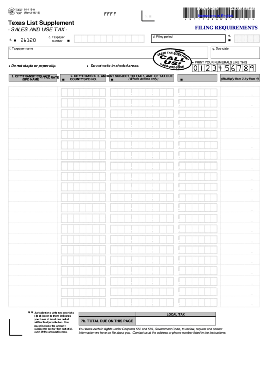 Fillable 01-116-A Form Texas List Supplement - Sales And Use Tax Printable pdf