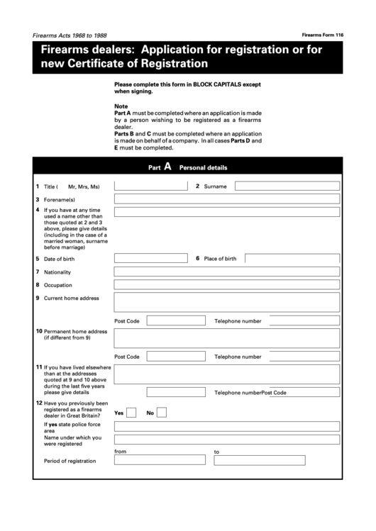 Form 116 - Firearms Dealers: Application For Registration Or For New Certificate Of Registration Form Printable pdf