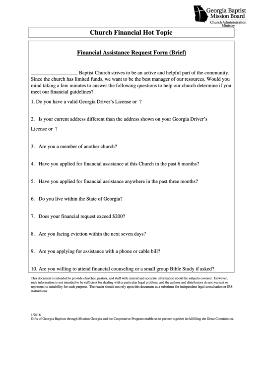 Financial Assistance Request Form (Brief) Printable pdf