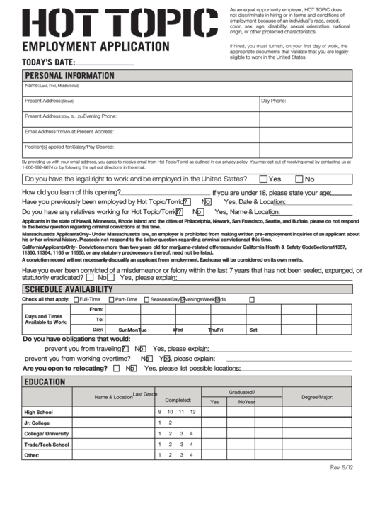 Employment Application - Hot Topic - Job Application Review Printable pdf