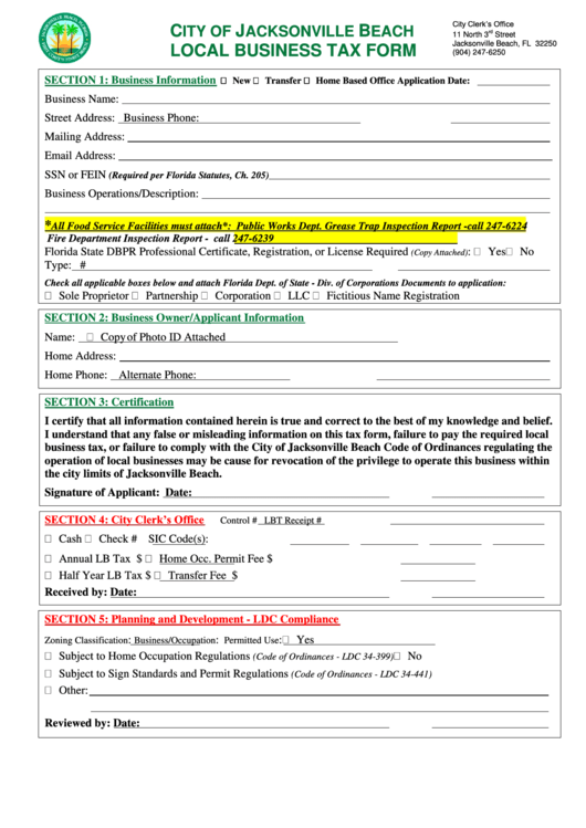Local Business Tax Form - City Of Jacksonville Beach Printable pdf