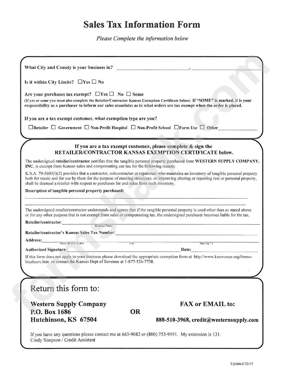 Sales Tax Information Form - Western Supply