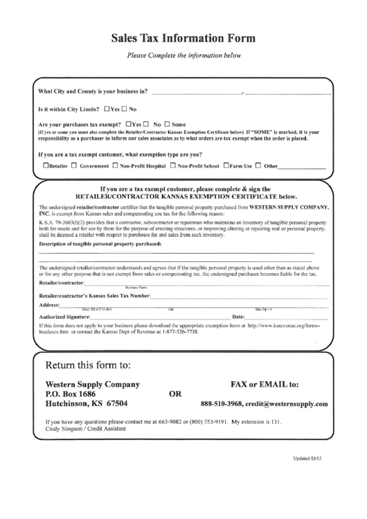 Sales Tax Information Form - Western Supply Printable pdf