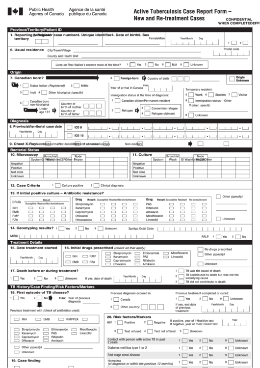 Fillable Active Tuberculosis Case Report Form - Public Health Agency Of Canada Printable pdf