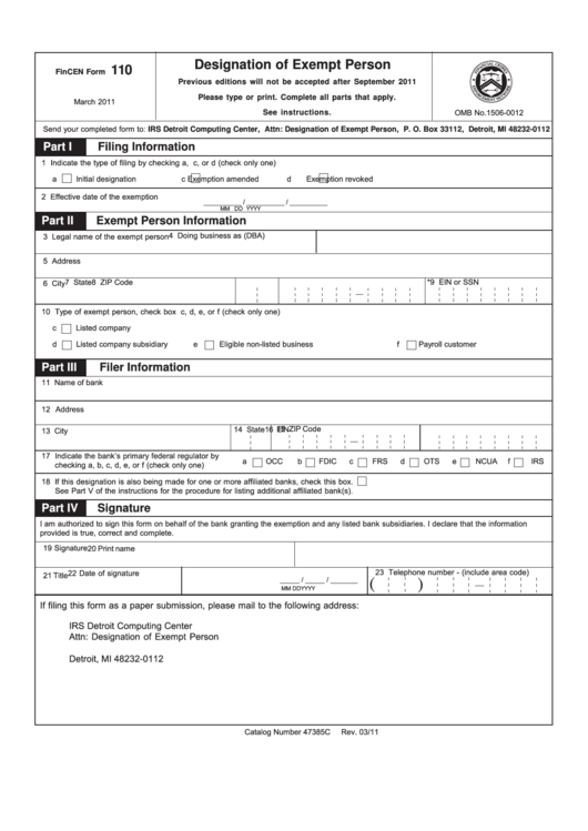 Fillable Fincen Form 110 (8-2005) - Designation Of Exempt Person Printable pdf