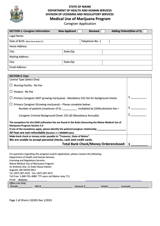 Fillable State Of Maine Department Of Health And Human Services Division Of Licensing And Regulatory Services Medical Use Of Marijuana Program Caregiver Application Printable pdf
