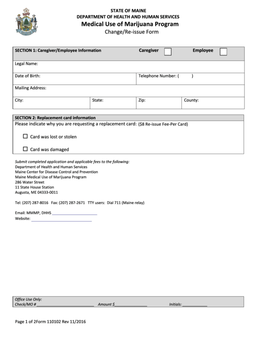 Change/re-Issue Form - State Of Maine Department Of Health And Human Services Printable pdf