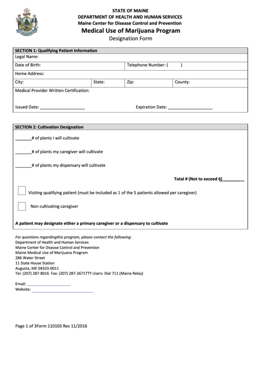 Maine - Designation Form - State Of Maine Department Of Health And Human Services Printable pdf