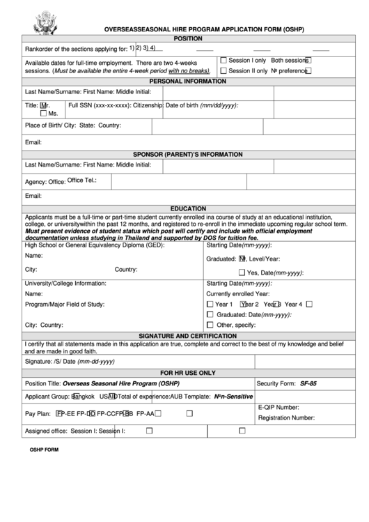 Fillable U.s. Mission Thaioshland Overseas Seasonal Hire Program Application Form (Oshp) Printable pdf