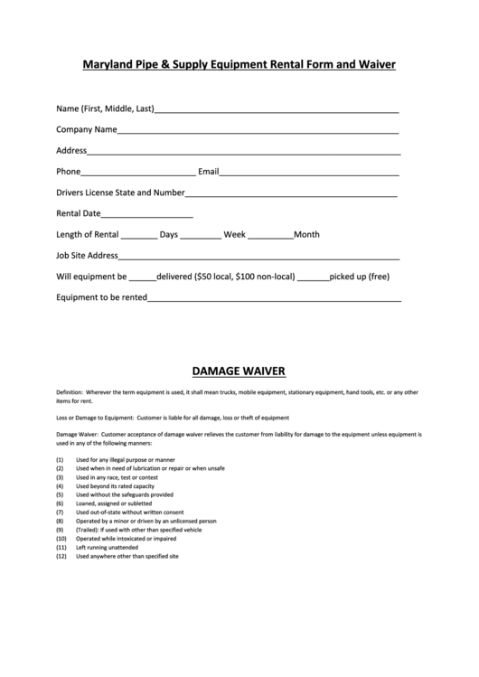 Maryland Pipe & Supply Equipment Rental Form And Waiver Printable pdf