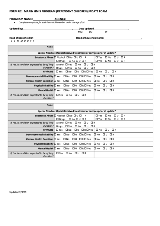 Form U2 - Marin Hmis Program (Dependent Children) Update Form Printable pdf