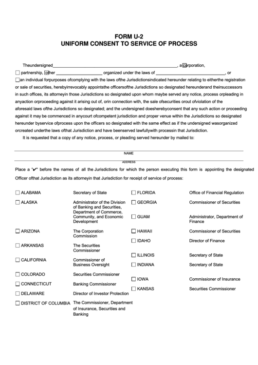 Form U-2 Uniform Consent To Service Of Process With Instructions Printable pdf