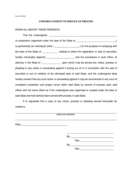 Form: U-2 - Uniform Consent To Service Of Process Printable pdf