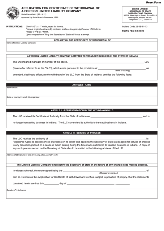 Fillable Form 49461 - Application For Certificate Of Withdrawal Of A Foreign Limited Liability Company Printable pdf