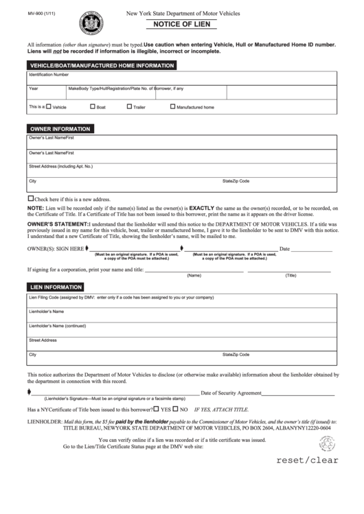 Fillable Mv-900 - Notice Of Lien - New York State Dmv Printable pdf