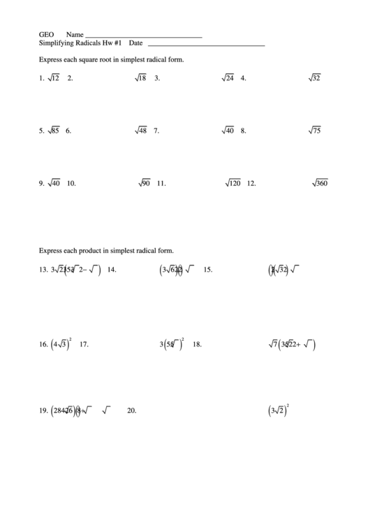 Simplifying Radicals Worksheet Printable pdf