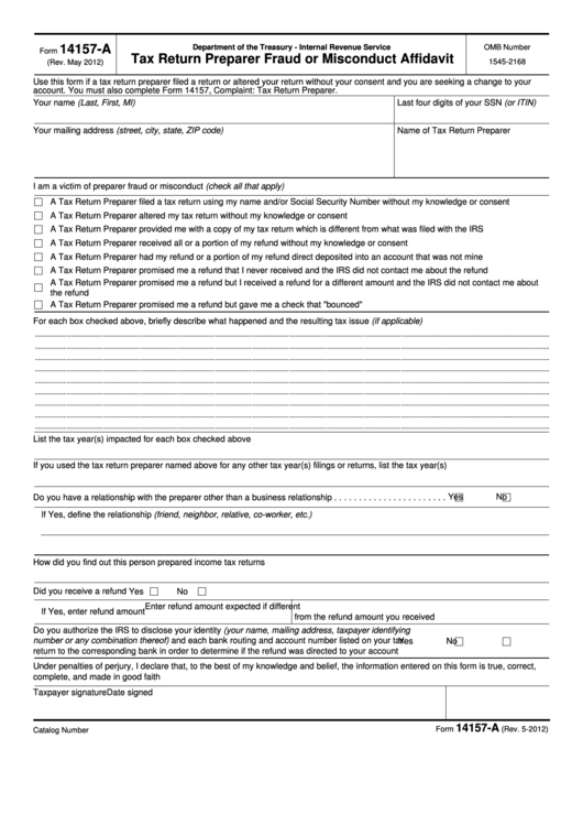 Fillable Form 14157-A (2012) Tax Return Preparer Fraud Or Misconduct Affidavit Printable pdf