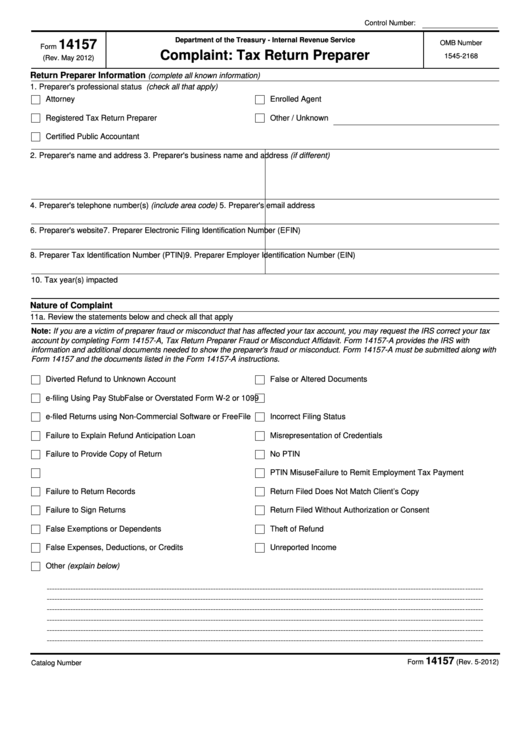 Fillable Form 14157 (2012) Complaint: Tax Return Preparer Printable pdf