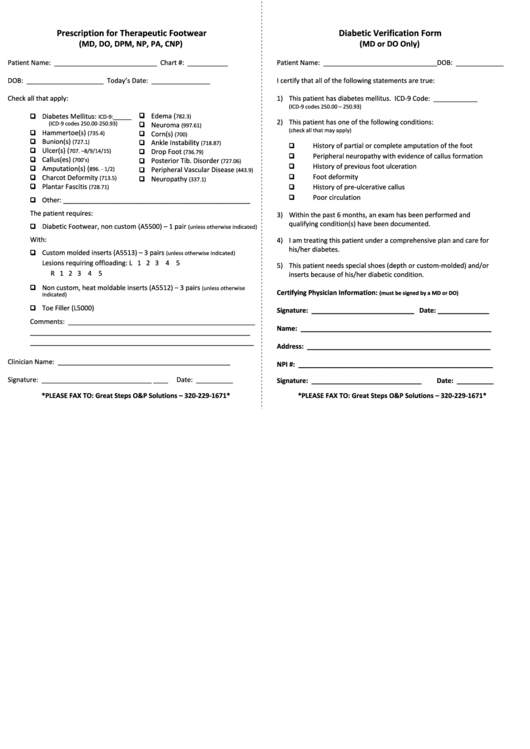 Diabetic Verification Form Printable pdf