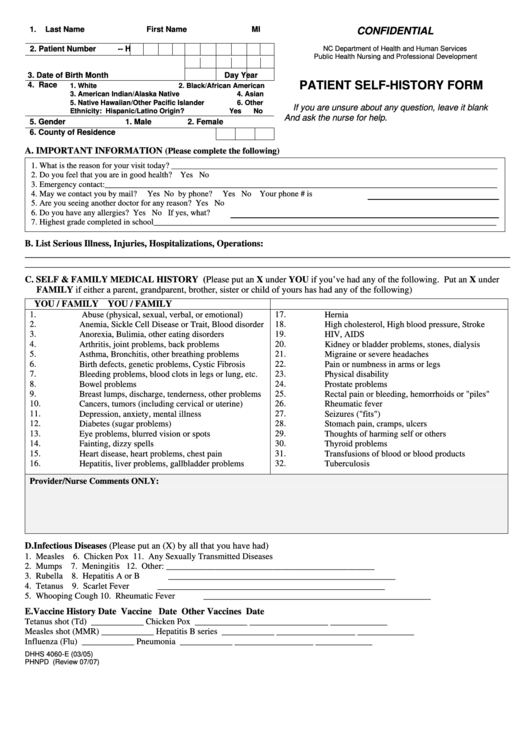 Patient Self-History Form - Nc Printable pdf