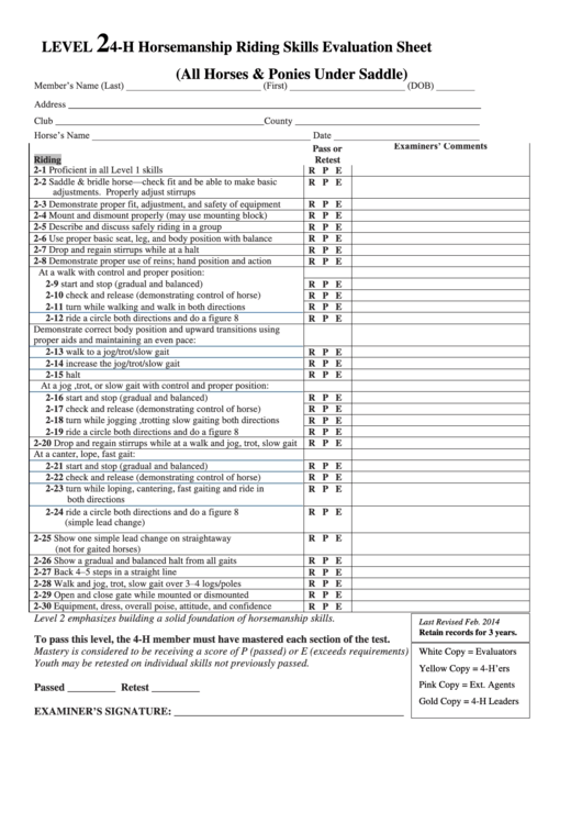 Level Two Riding Evaluation Form Printable pdf