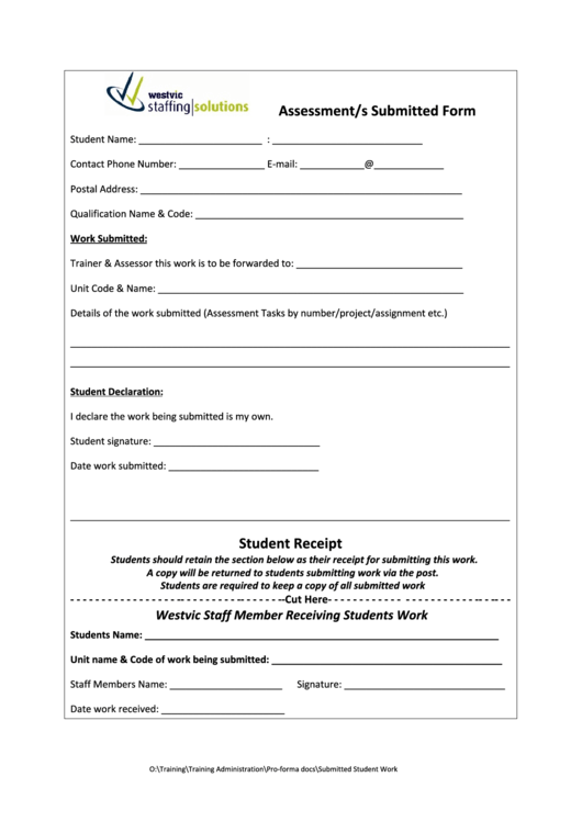 Assessment/s Submitted Form Student Receipt Printable pdf