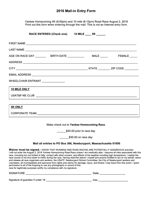 Mail-In Entry Form - Yankee Homecoming 10m & 5k printable pdf download