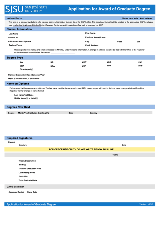 Fillable Application For Award Of Graduate Degree Form Printable pdf