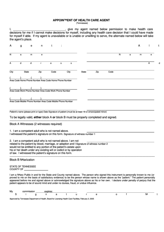 Fillable Appointment Of Health Care Agent, Form Ph-4194 - Advance Care Plan Printable pdf