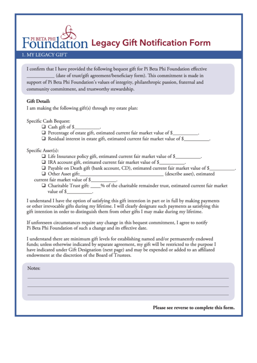 Legacy Gift Notification Form - Pi Beta Phi Foundation Printable pdf