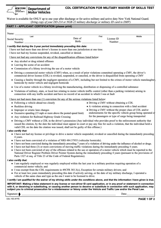 Form Cdl-102 - Cdl Certification For Military Waiver Of Skills Test Printable pdf