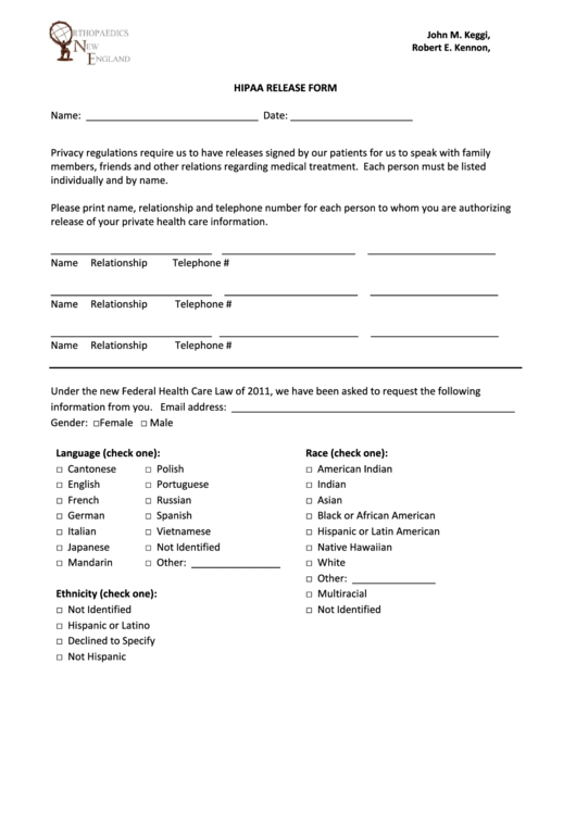 Hipaa Release Form Printable pdf