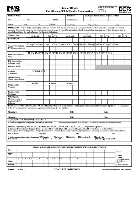 Form Il444-4737 - Certificate Of Child Health Examination Printable pdf