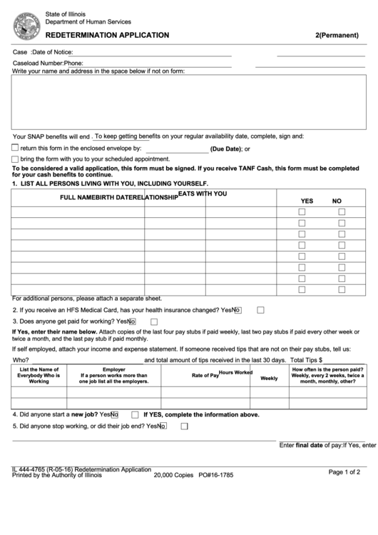 Fillable Il 444-4765 - Redetermination Application Printable pdf