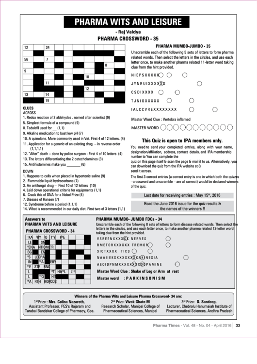 Pharma Wits And Leisure Crossword
