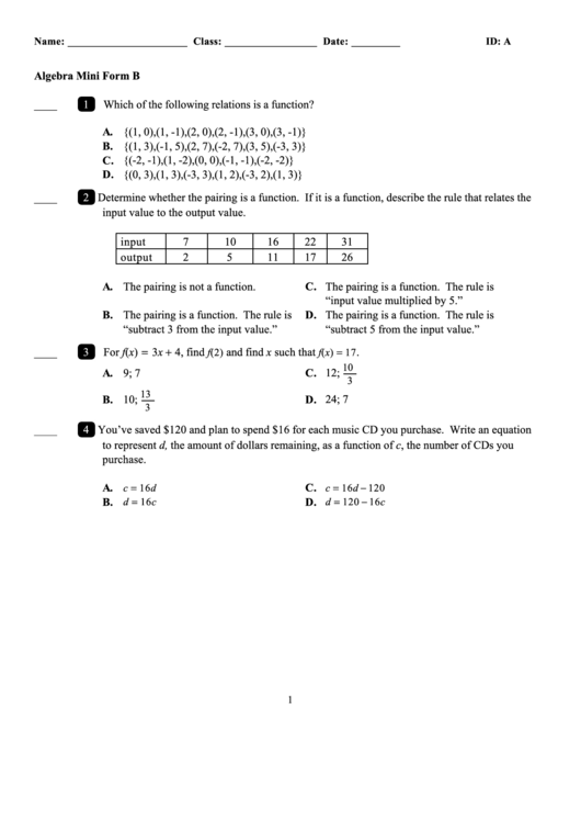 Algebra Mini Worksheet Printable pdf