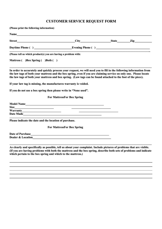 Customer Service Request Form Printable pdf