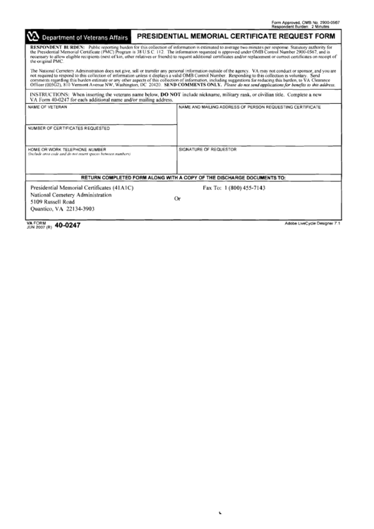 Presidential Memorial Certificate Request Form (Va Form 40-0247) Printable pdf
