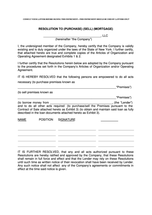 Fillable Llc Resolution To (Purchase) (Sell) (Mortgage) Form printable