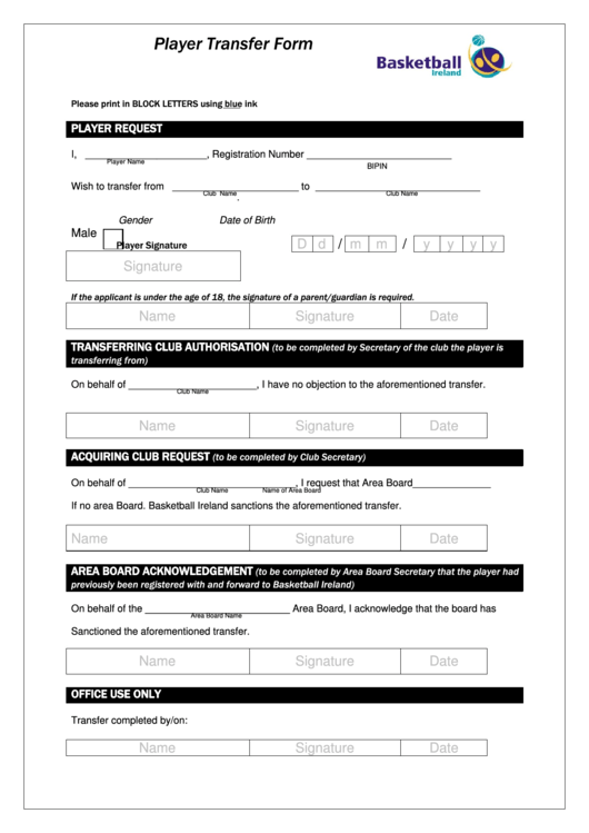 Player Transfer Form - Basketball Ireland Printable pdf
