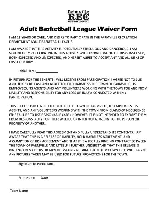 Adult Basketball League Waiver Form Printable pdf