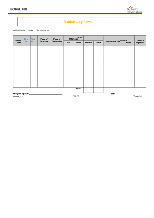 Vehicle Log Form Printable pdf