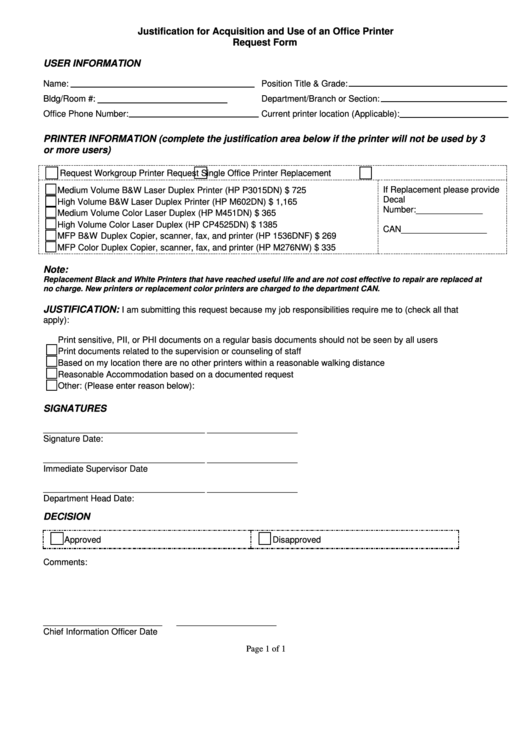 Fillable Justification For Acquisition And Use Of An Office Printer Request Form Printable pdf