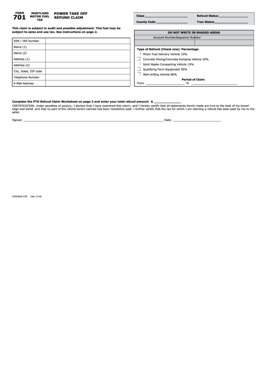 Fillable Power Take Off Refund Claim (Form 701) - Maryland Printable pdf